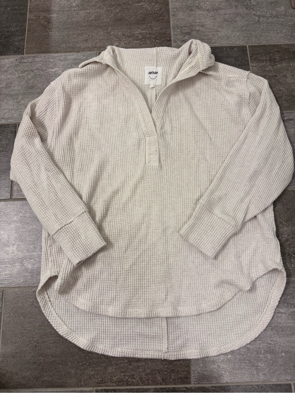Aerie Waffle weave, thick collar Pullover - Light Beige, oversized med.
